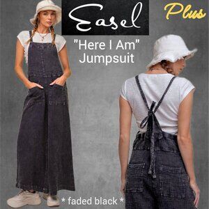 EASEL "Here I Am" Mineral Washed Wide Leg Jumpsuit Adjustable Tie Straps Pockets